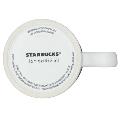 Bottom view of a rare Starbucks XOXO mug showing 16 fl oz capacity and microwave safe details