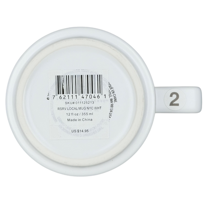 Top view of a Starbucks Reserve Roastery NYC mug in white, featuring a barcode and product details