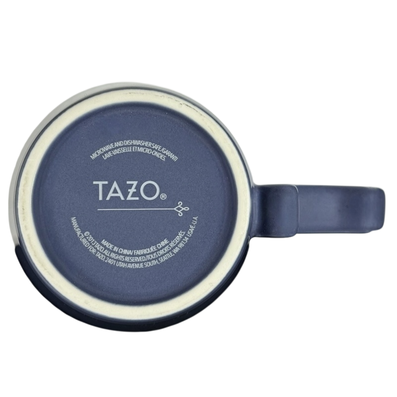 Bottom view of Tazo Starbucks Rococo Slate Blue collectible mug with logo and dishware details