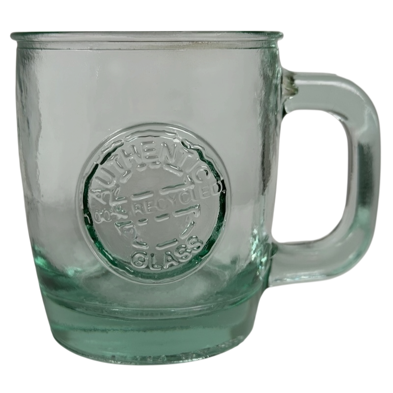 Starbucks San Miguel recycled green glass mug with embossed logo and sturdy handle