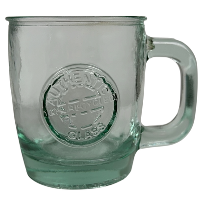 Starbucks San Miguel recycled green glass mug with embossed logo and sturdy handle