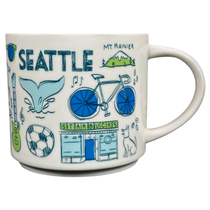 Seattle Starbucks Been There mug with colorful city-themed illustrations including Mt. Rainier bike and whale tail