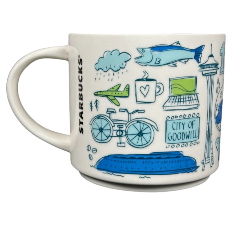 White ceramic Seattle Starbucks Been There mug with blue and green city-themed illustrations