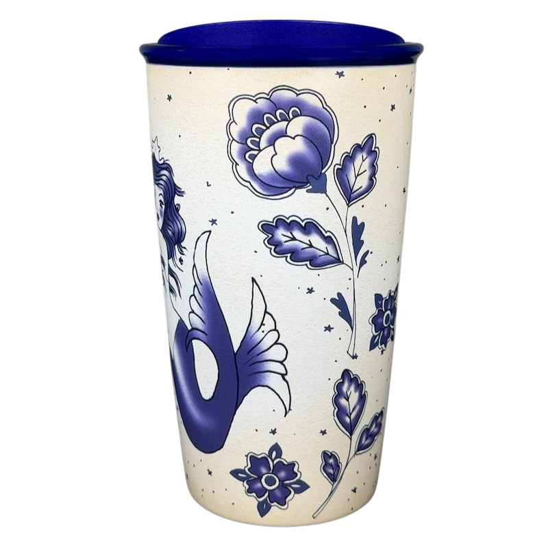 Starbucks Siren Tattoo collectible Tumbler featuring blue floral and siren design on a light background