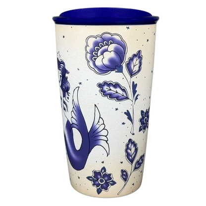 Starbucks Siren Tattoo collectible Tumbler featuring blue floral and siren design on a light background
