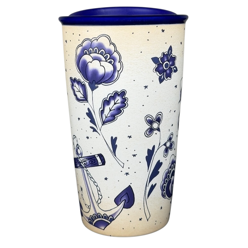 Starbucks Siren Tattoo collectible Tumbler with floral and anchor designs on a cream background