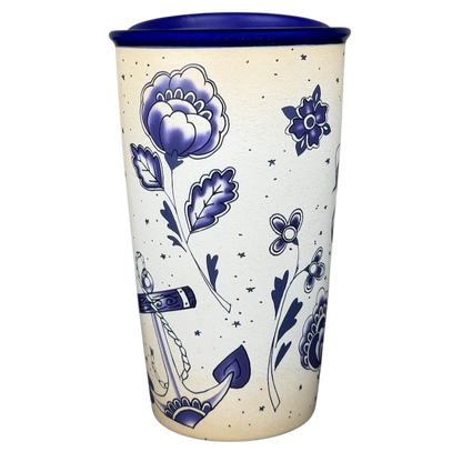 Starbucks Siren Tattoo collectible Tumbler with floral and anchor designs on a cream background