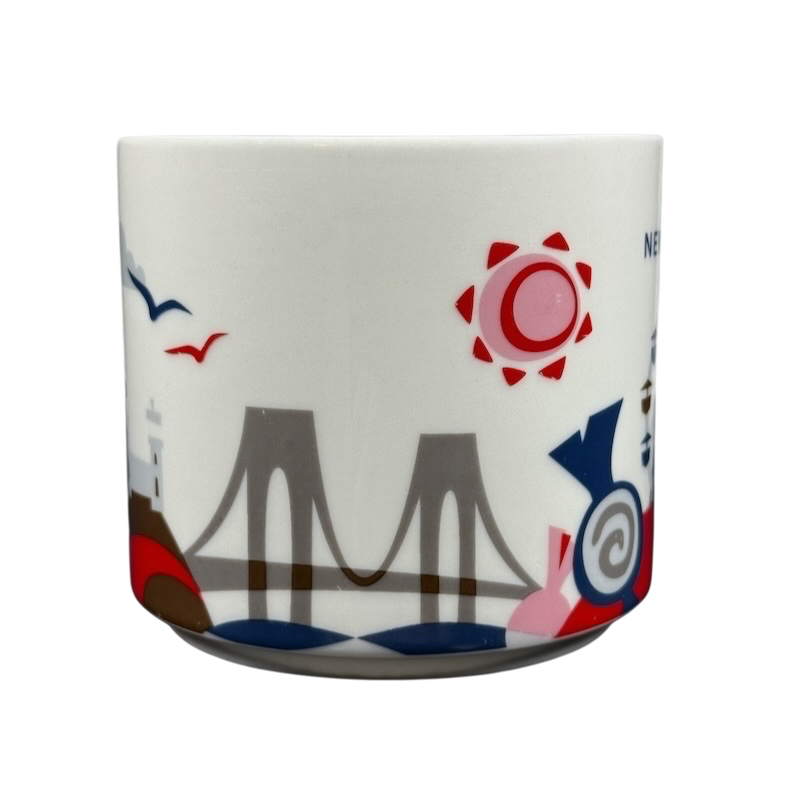 Starbucks New Jersey You Are Here collectible mug showing stylized bridge lighthouse seagulls and sun on white ceramic