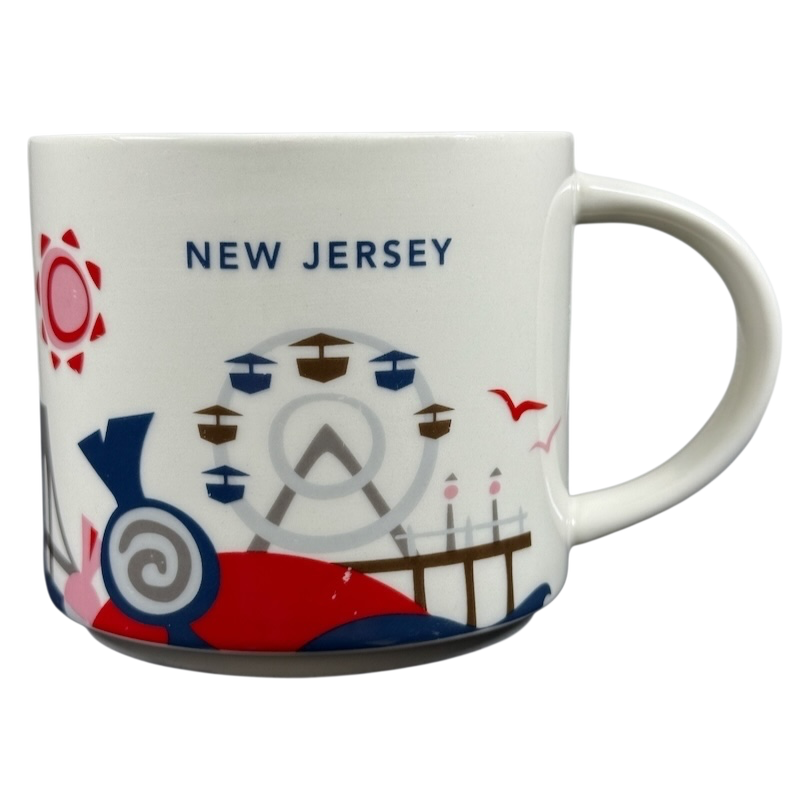 White ceramic Starbucks New Jersey You Are Here collectible mug showing boardwalk Ferris wheel and beach graphics