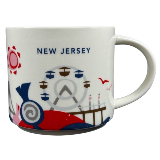 White ceramic Starbucks New Jersey You Are Here collectible mug showing boardwalk Ferris wheel and beach graphics