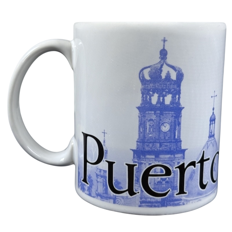 Starbucks Puerto Vallarta vintage mug white ceramic with blue cathedral skyline print