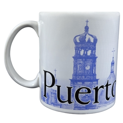 Starbucks Puerto Vallarta vintage mug white ceramic with blue cathedral skyline print