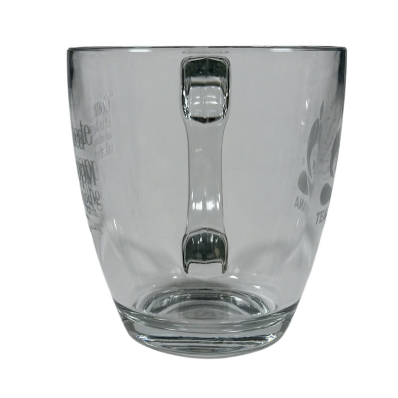 Clear glass mug with integrated rectangular handle and embossed Teavana Starbucks Teavana Come Let Us Have Some Tea glass mug.