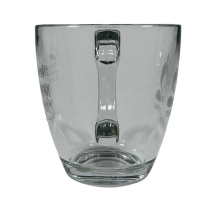Clear glass mug with integrated rectangular handle and embossed Teavana Starbucks Teavana Come Let Us Have Some Tea glass mug.