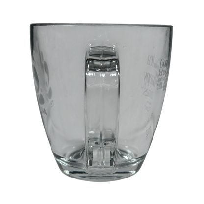 Clear Teavana glass mug with handle on black background Starbucks Teavana Come Let Us Have Some Tea glass mug.