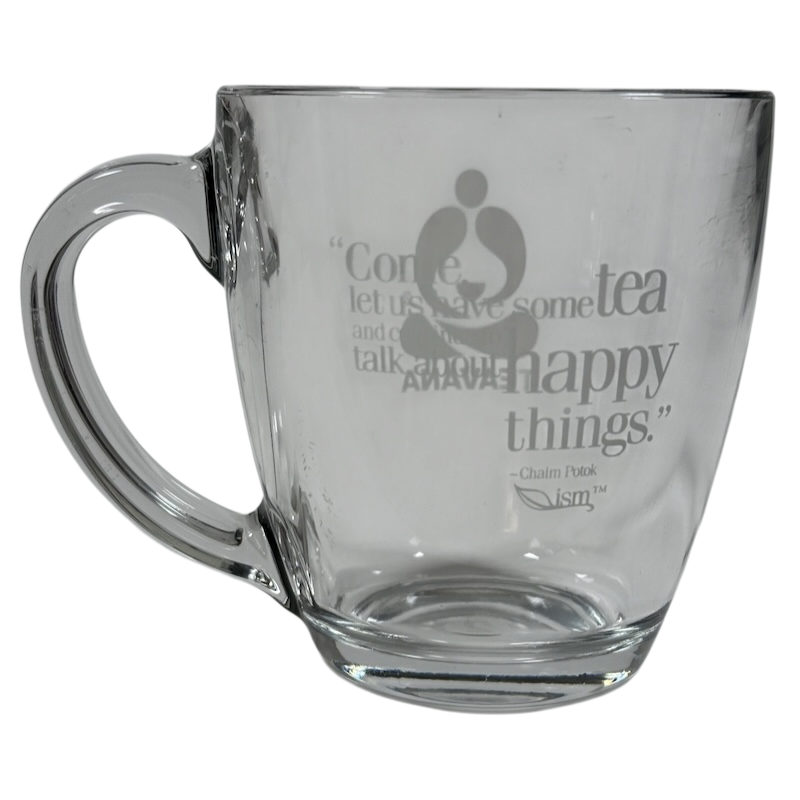 Starbucks Teavana Come Let Us Have Some Tea glass mug. Clear etched glass mug with handle and inspirational text