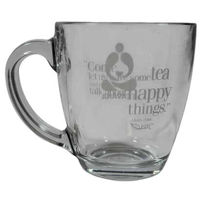 Starbucks Teavana Come Let Us Have Some Tea glass mug. Clear etched glass mug with handle and inspirational text