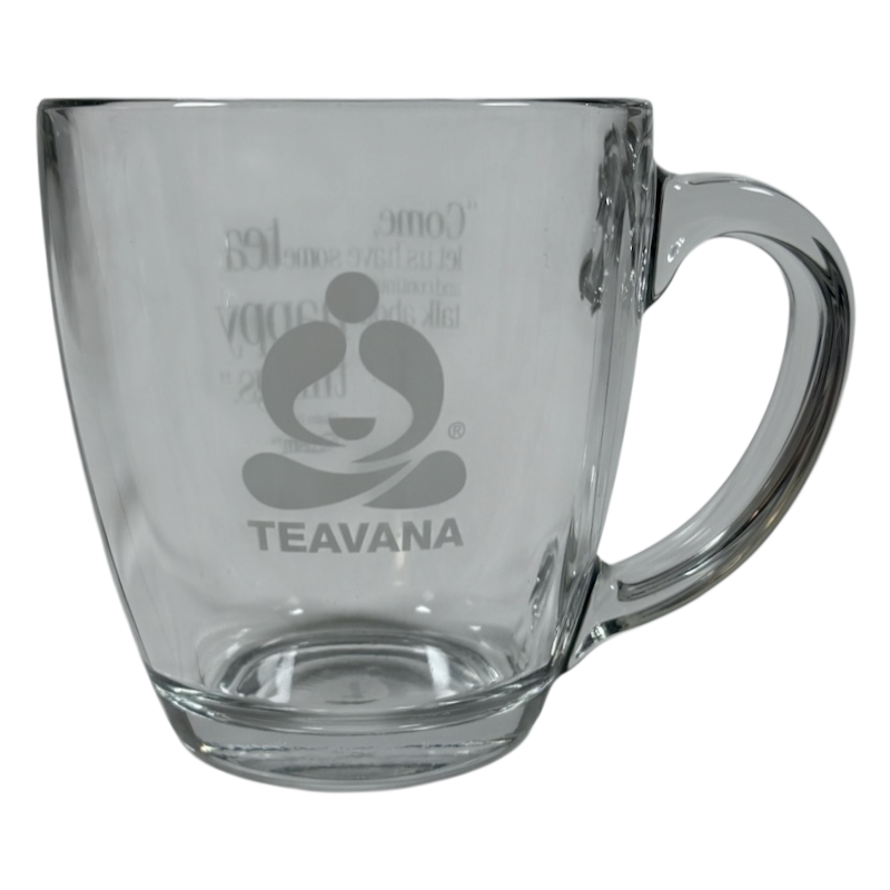 Clear Teavana glass mug with handle and etched logo Starbucks Teavana Come Let Us Have Some Tea glass mug.