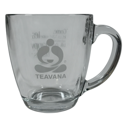 Clear Teavana glass mug with handle and etched logo Starbucks Teavana Come Let Us Have Some Tea glass mug.