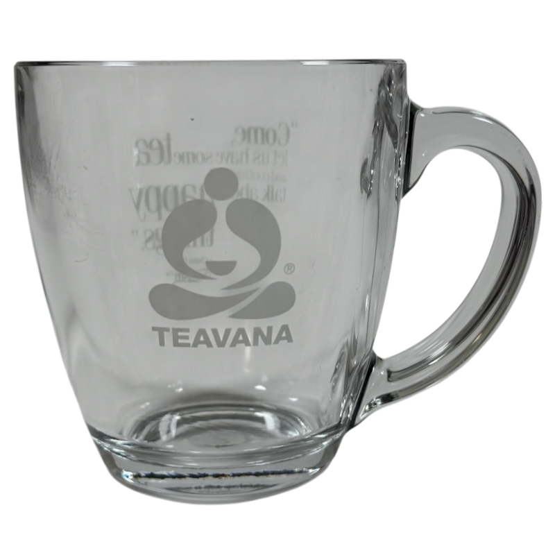 Clear Teavana glass mug with etched logo and large handle for tea lovers Starbucks Teavana Come Let Us Have Some Tea glass mug.