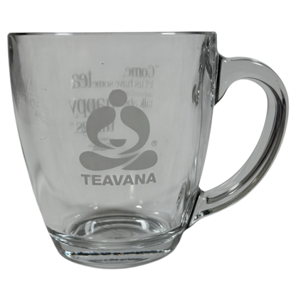 Clear Teavana glass mug with etched logo and large handle for tea lovers Starbucks Teavana Come Let Us Have Some Tea glass mug.