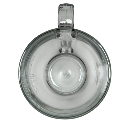 Top view of clear Starbucks Teavana Come Let Us Have Some Tea glass mug with handle on black background