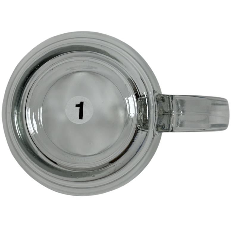 Top view of clear glass mug with handle and center sticker number 1 Starbucks Teavana Come Let Us Have Some Tea glass mug