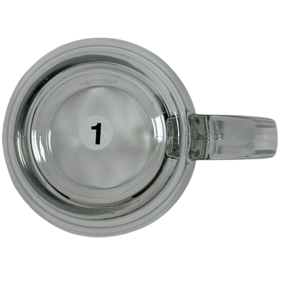 Top view of clear glass mug with handle and center sticker number 1 Starbucks Teavana Come Let Us Have Some Tea glass mug