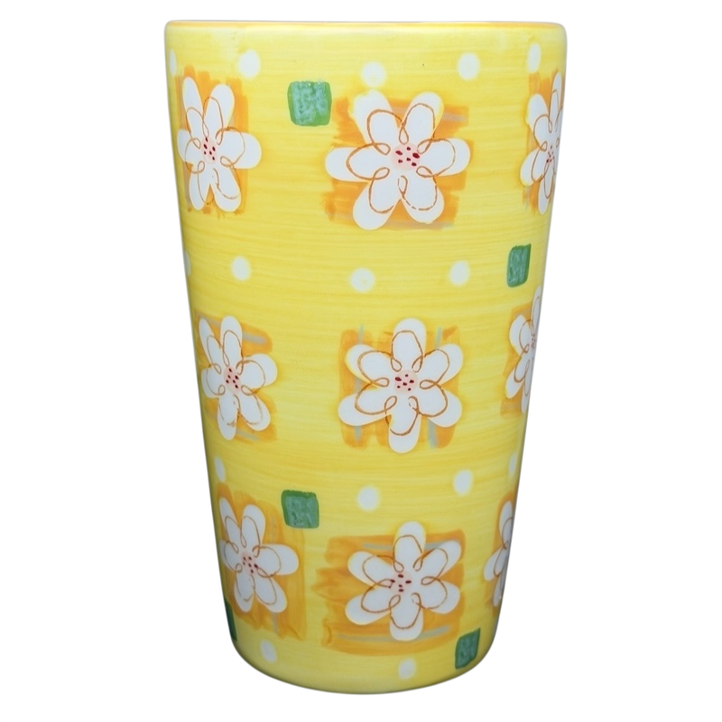 Bright yellow Summer Daisy Latte Mug Starbucks with floral design and polka dots