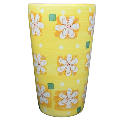 Bright yellow Summer Daisy Latte Mug Starbucks with floral design and polka dots