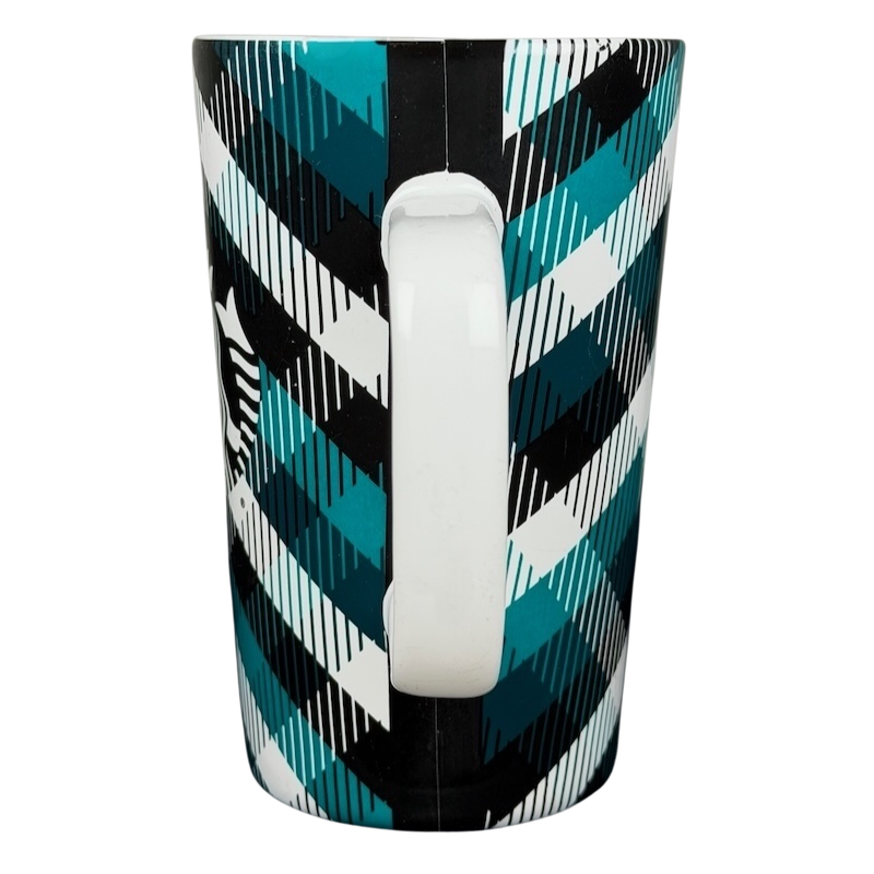 Teal plaid Starbucks siren collectible mug with striking geometric pattern and white handle