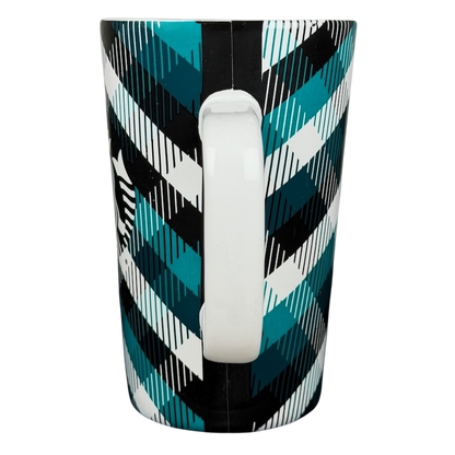 Teal plaid Starbucks siren collectible mug with striking geometric pattern and white handle