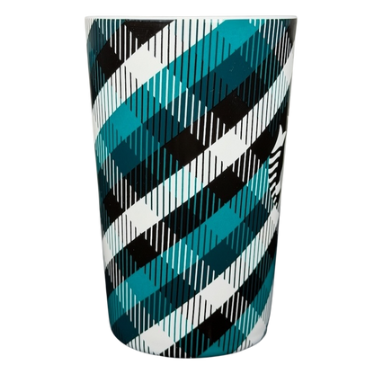 Teal plaid Starbucks siren collectible mug featuring a modern geometric pattern