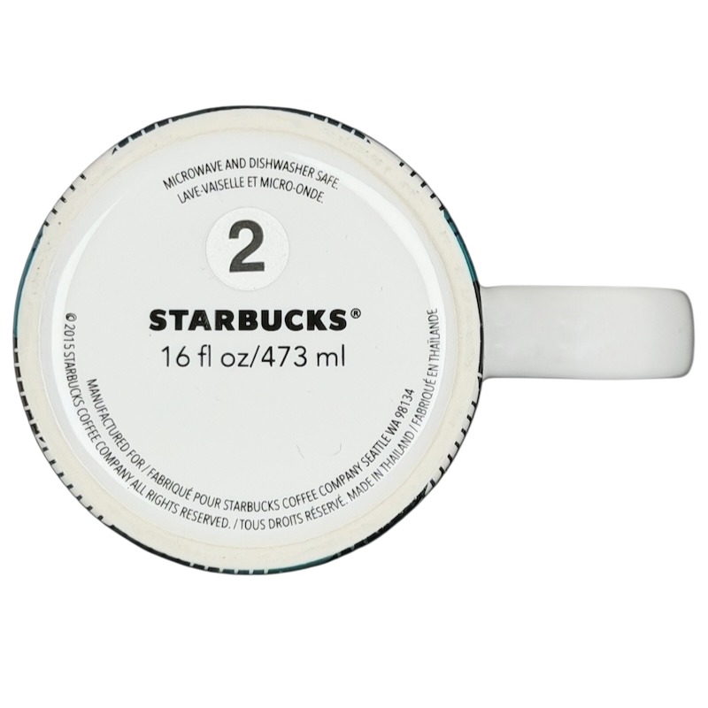 Bottom view of a teal plaid Starbucks siren collectible mug, featuring a 16 fl oz capacity