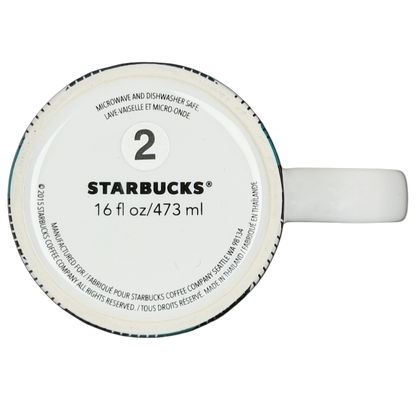 Bottom view of a teal plaid Starbucks siren collectible mug, featuring a 16 fl oz capacity