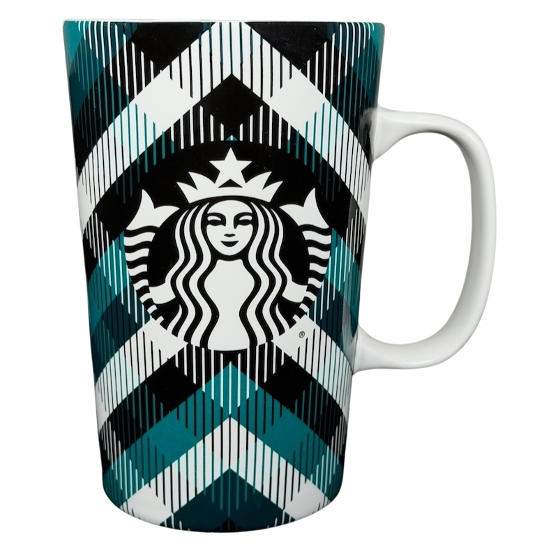 Teal plaid Starbucks siren collectible mug featuring a bold geometric design