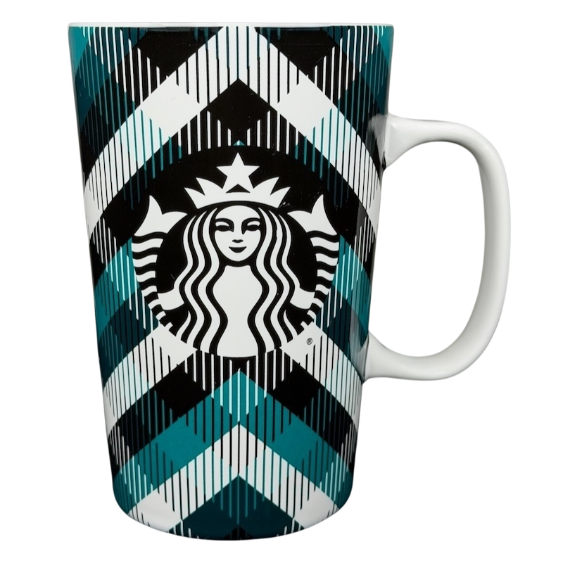 Teal plaid Starbucks siren collectible mug featuring a unique geometric pattern and logo