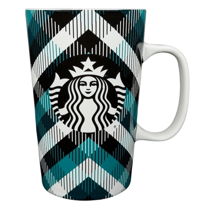 Teal plaid Starbucks siren collectible mug featuring a unique geometric pattern and logo