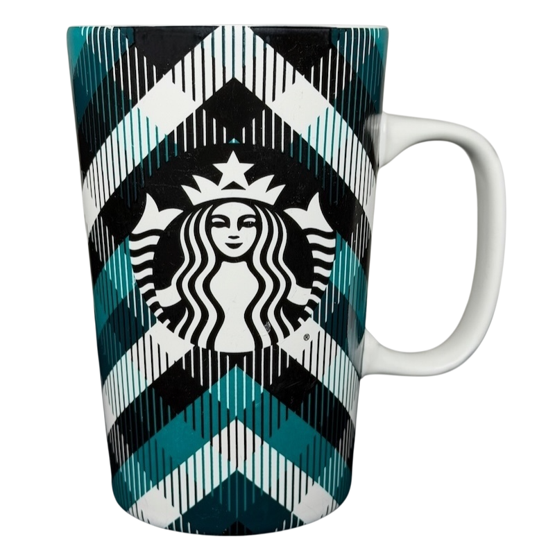 Teal plaid Starbucks siren collectible mug featuring vibrant geometric patterns