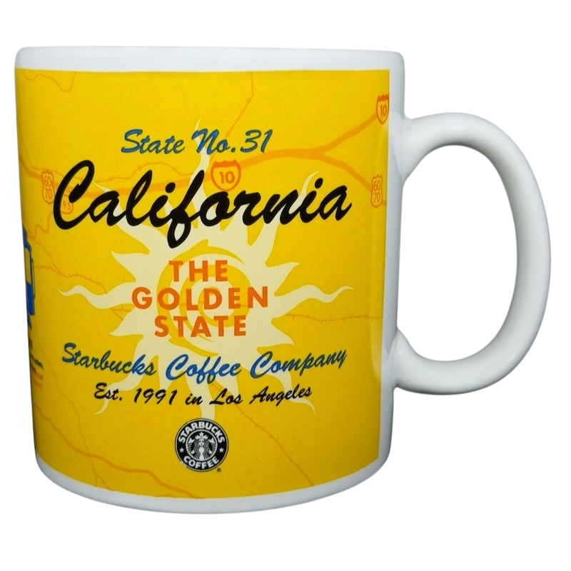 Starbucks The Golden State collectible mug featuring a vibrant California design with a sun motif