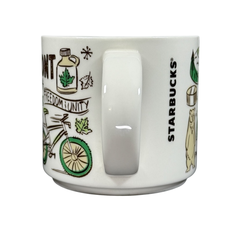 Starbucks Vermont mug Been There Series with green bicycle and maple leaf design on white ceramic
