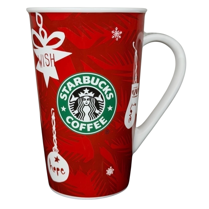 Vintage 2009 Starbucks holiday mug with festive red design and iconic logo