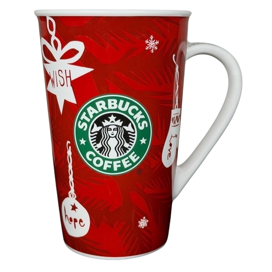 Vintage 2009 Starbucks holiday mug with festive red design and iconic logo