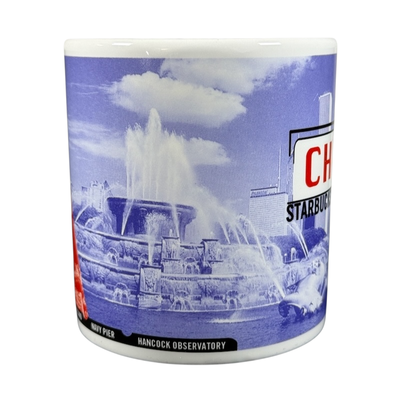 White ceramic vintage Starbucks 1999 collectible Chicago mug showing Buckingham Fountain Hancock Observatory skyline