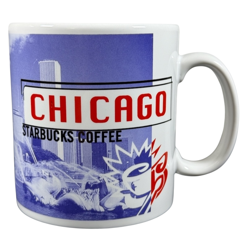 vintage Starbucks 1999 collectible Chicago mug with red CHICAGO sign blue skyline and Buckingham Fountain