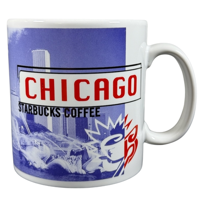 vintage Starbucks 1999 collectible Chicago mug with red CHICAGO sign blue skyline and Buckingham Fountain