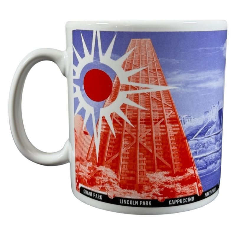 vintage Starbucks 1999 collectible Chicago mug with red and blue skyline art and sunburst motif