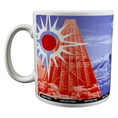 vintage Starbucks 1999 collectible Chicago mug with red and blue skyline art and sunburst motif