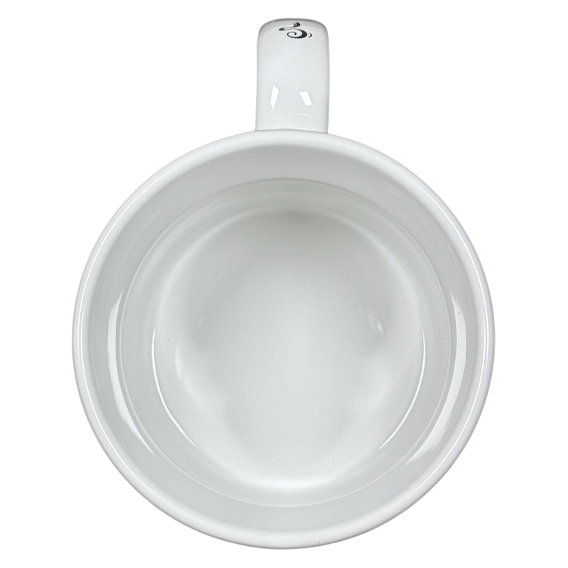 Top view of white ceramic vintage Starbucks 1999 collectible Chicago mug empty interior and handle on black background