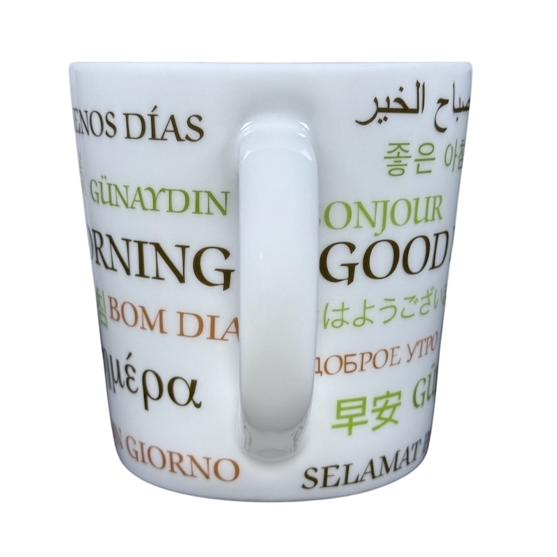 vintage Starbucks Good Morning mug white ceramic with multilingual Good Morning greetings printed around exterior